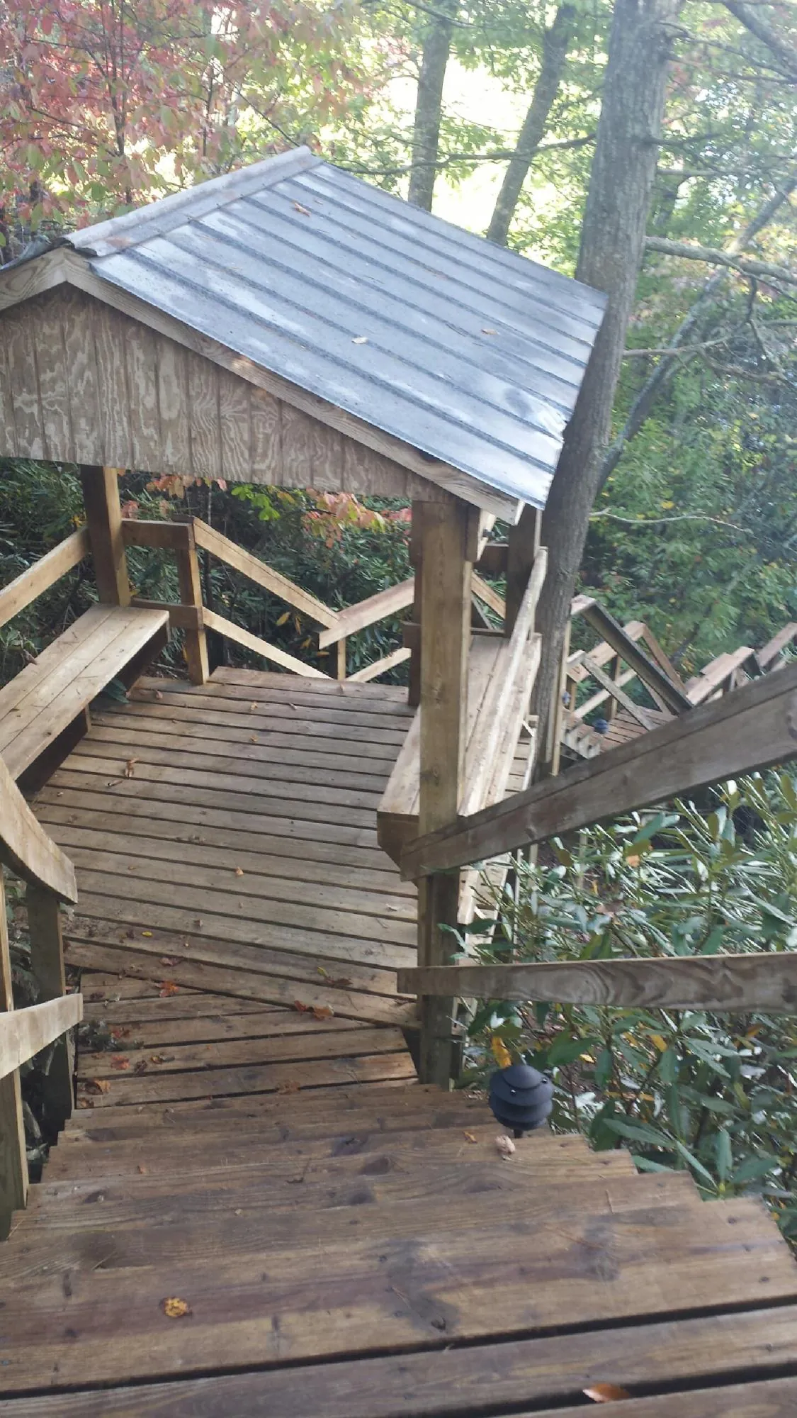 Metal roofed shelter over wooden steps on a wooded walkway — Skylight Repair & Installation work by our crew in Lake Placid